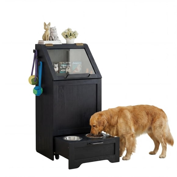 Multi-Function Elevated Dog Feeding Station with Storage Cabinet – Convertible Top Food Bin, 2 Stainless Steel Bowls, Toy Organizer – Modern Dining Table Pet Furniture for Kitchen or Dining Room