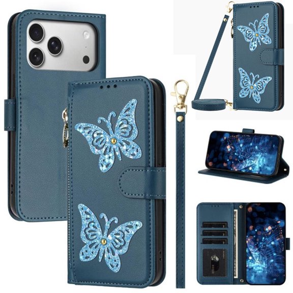 Pour iPhone 17 Pro Max Étui Portefeuille 6,9 Pouces Papillon Pailleté à Multiples Fentes pour Cartes Portefeuille à Fermeture Éclair avec Lanière Détachable Sangle d'Épaule et Sangle de Main Étui de Téléphone en Cuir, Bleu, pour iPhone 17 Pro Max