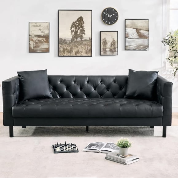 Bingirl Canapé en Cuir Mi-Siècle Moderne Style Chesterfield Sièges Profonds Comprend 2 Oreillers 3 Places Capitonné à Boutons pour Salon Appartement Bureau