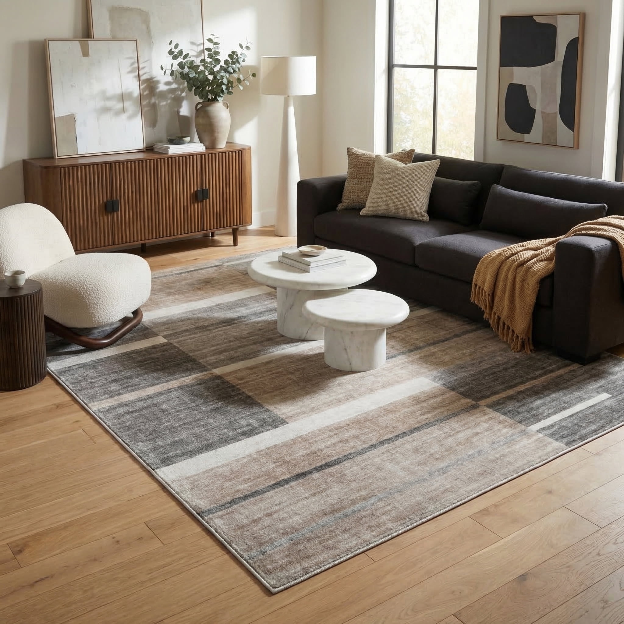 Tapis d'interieur moderne du milieu du siecle Rug Branch Eclipse, marron gris, geometrique - Salon, chambre, salle a manger et bureau