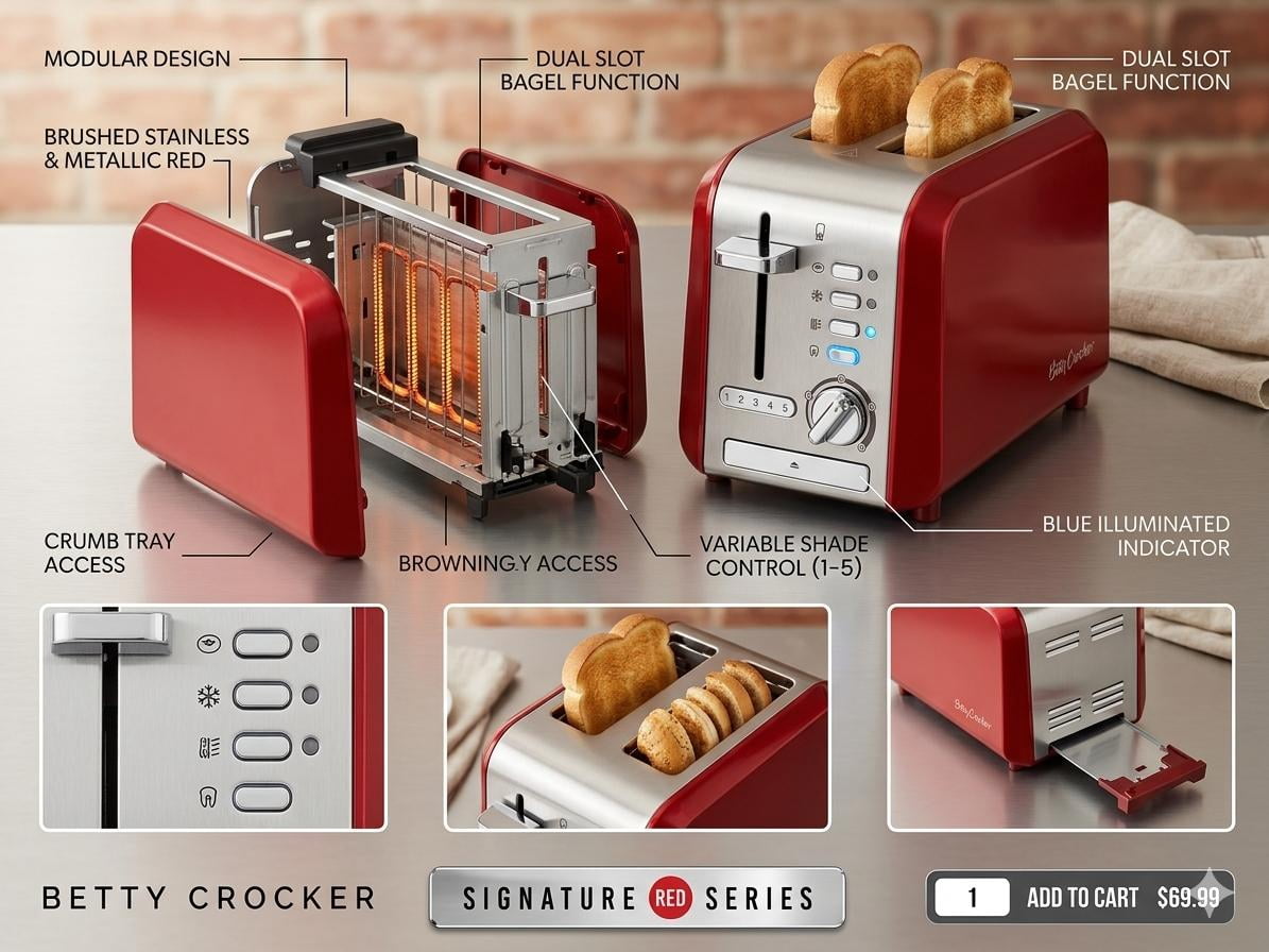 Betty Crocker 2-slice toaster (red metallic stainless steel)