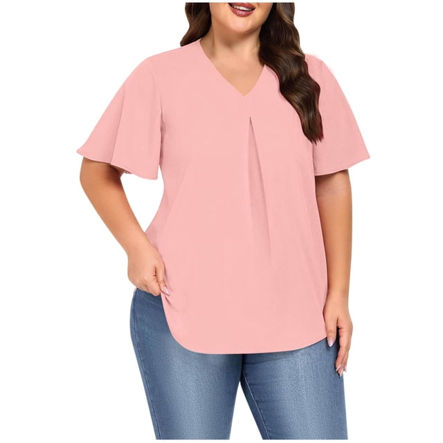 Frostluinai Women's Tops Plus Size Ruffle Short Sleeve Tunic Shirts V Neck Pleated Tshirts Solid Color Flowy Blouses Lightweight Going Out Tees