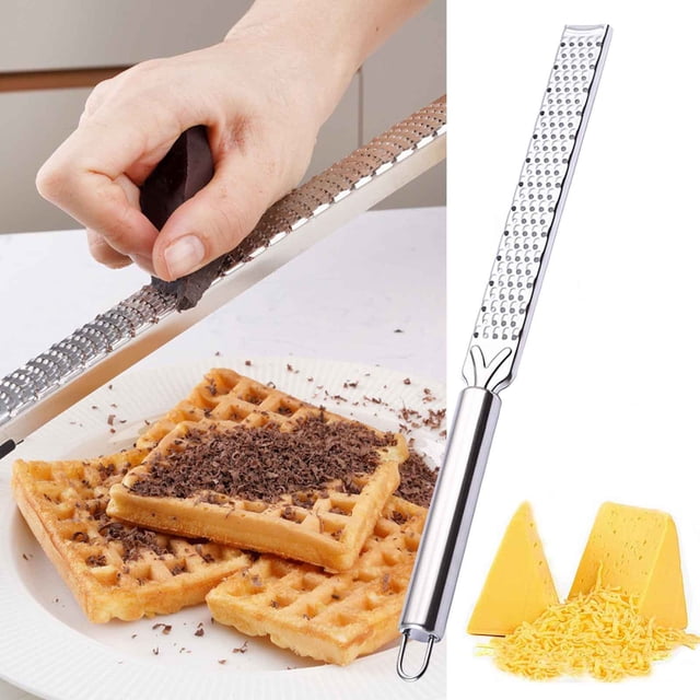 Stainless Steel Handheld Cheese Grater Set, 2-Piece, 12.8" Long, Multi-Purpose Kitchen Tool for Cheese, Chocolate, Lemon, Ginger, Garlic, Vegetables, Dishwasher Safe, Non-Slip Feet