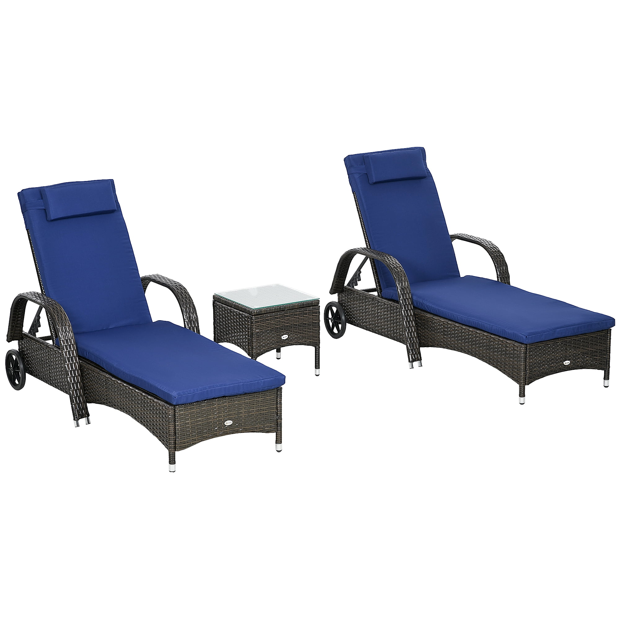 Ensemble de Chaise Longue de Patio en Osier avec Coussins, Chaise Longue Inclinable, Bleu Foncé