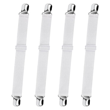 Elastic Fitted Sheet Tensioner, Adjustable Retainer Strap Fastener for Bed Sheet, Sofa, Ironing Cover (White, 4 Pack)