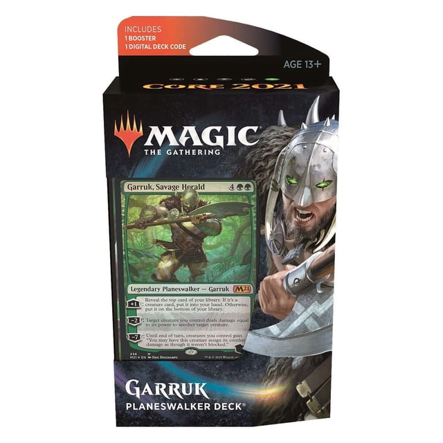 MtG Core 2021 Garruk Planeswalker Deck by Wizards of the Coast, designed for Magic the Gathering players. Includes a 60-card deck featuring Garruk, Savage Herald as the premium Planeswalker card, one Core 2021 booster pack, a rules insert, and an MTG Arena code card. Ideal for learning the game and exploring Core 2021 mechanics.