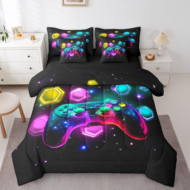 YST Boys Teens Gamepad 7Pcs Comforter Set Full,Modern Video Game Bedding Set,Gaming Galaxy Universe Bed In A Bag,Glitter Geometry Honeycomb Sheet Set Teal Gamer Bedroom Decor Bed Set