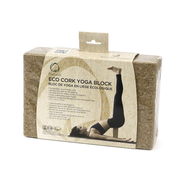 PurEarth Eco Cork Yoga Block measuring 3 x 6 x 9 inches, made from sustainable cork with rounded edges for easy grip, featuring a non-slip, odor-resistant surface ideal for yoga poses like supported bridge and downward dog, also suitable for stretching and balance exercises.