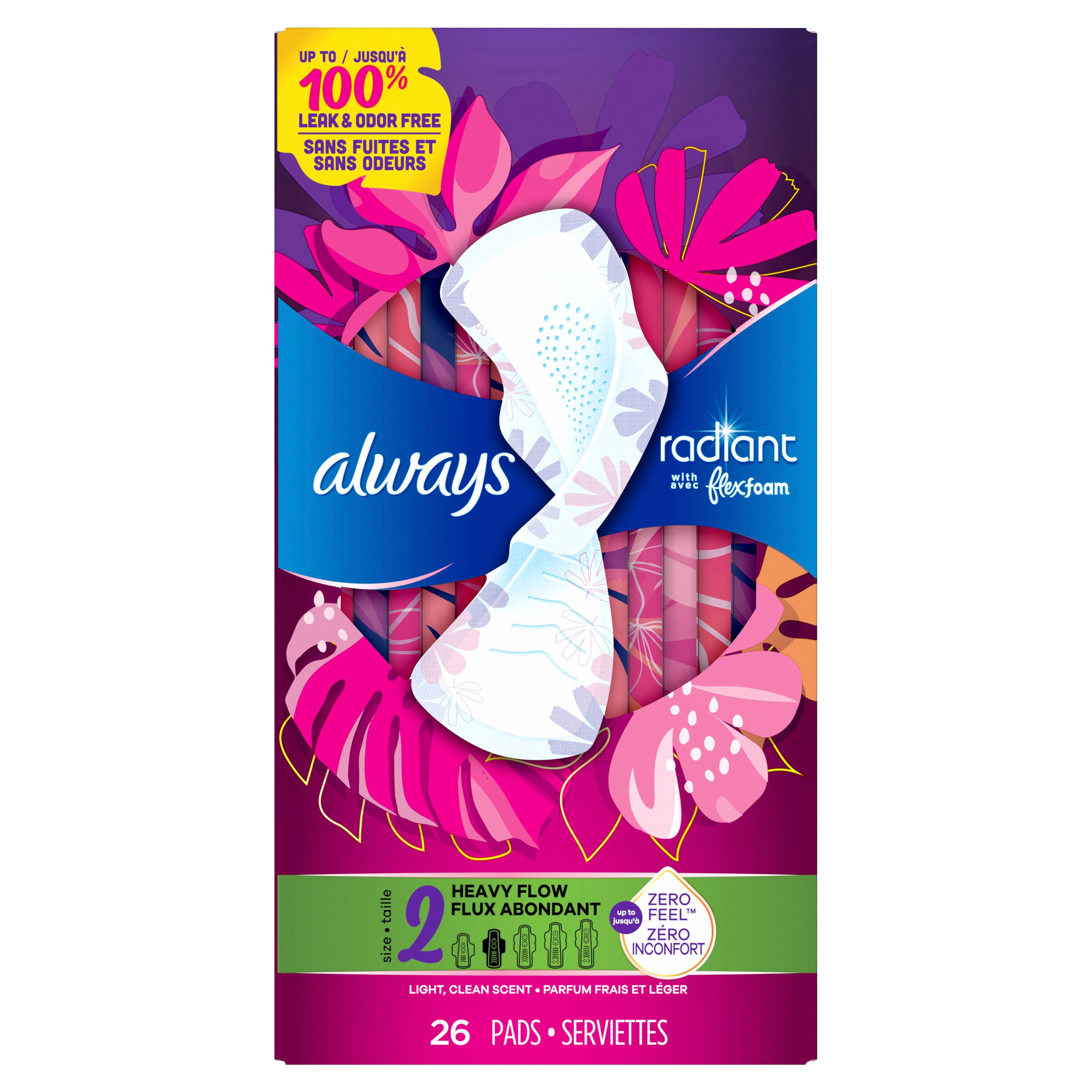 Serviettes Always Radiant Avec Flexfoam, Taille 2, Forte, Avec Ailes, Parfum Légèrement Frais, 26 Unités
