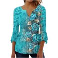 thumbnail image 3 of Pompotops Women's Casual Trumpet 3/4 Sleeve Printed Buttoned Basic Ruched Tops Pleated Blouses Clearance, 3 of 6