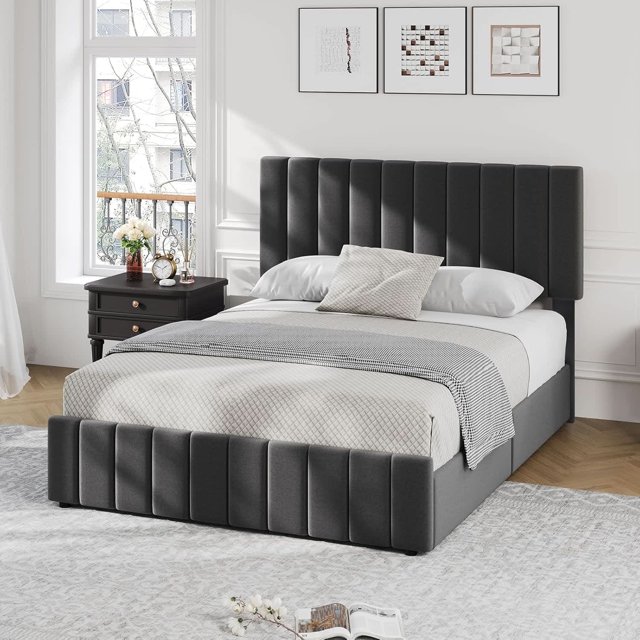 Eastvita Gray Queen - Size Upholstered Bed Frame with Adjustable Headboard/4 Storage Drawers//Wooden Slats Support (No Box Spring Needed)