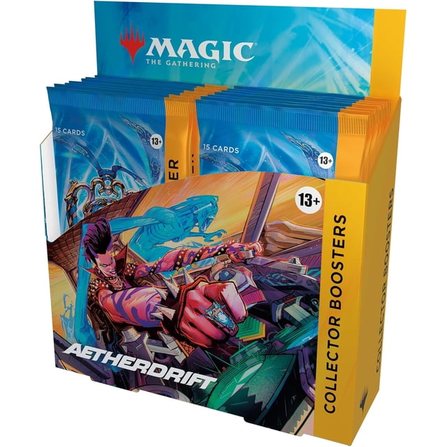 Magic : The Gathering MTG TCG : Aetherdrift Boîte de Boosters de Collection Mettant en Vedette une Oeuvre Dynamique d'Un Coureur Futuriste sur l'Emballage. Cette Boîte Comprend 12 Paquets Remplis de Cartes Haut de Gamme Telles Que des Rares, des Mythes, des Foil Traditionnels et des Terrains de Base en Art Intégral. Parfait pour les Collectionneurs et les Joueurs, Elle Présente un Dessus de Boîte de 2 Cartes pour la Première Place et Offre une chance de Trouver des Trésors Sérialisés d'Aether