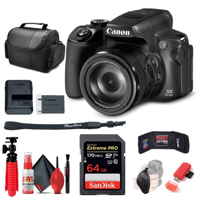 Canon PowerShot SX70 HS Digital Camera (3071C001), 64GB Card, Card Reader, Soft Bag, Flex Tripod, Hand Strap, Memory Card Holder, Cleaning Kit (International Model)