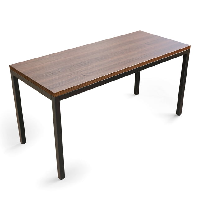 Gymax 55'' conference table with a brown MDF and honeycomb panel tabletop supported by a sturdy black steel frame. The table measures 55'' x 24'' x 29'' (L x W x H) and accommodates 4-6 people, making it ideal for meetings, seminars, or collaborative workspaces. Features include a waterproof and scratch-resistant surface, adjustable foot pads for stability, and a weight capacity of 200 lbs. Suitable for offices, meeting rooms, or study areas.