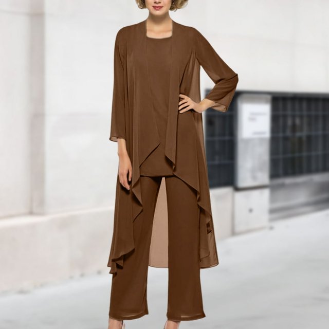 Ensemble de Robe 3 Pcs pour Femmes Basique en Chiffon Surdimensionné Tenue de Vacances (Marron S)
