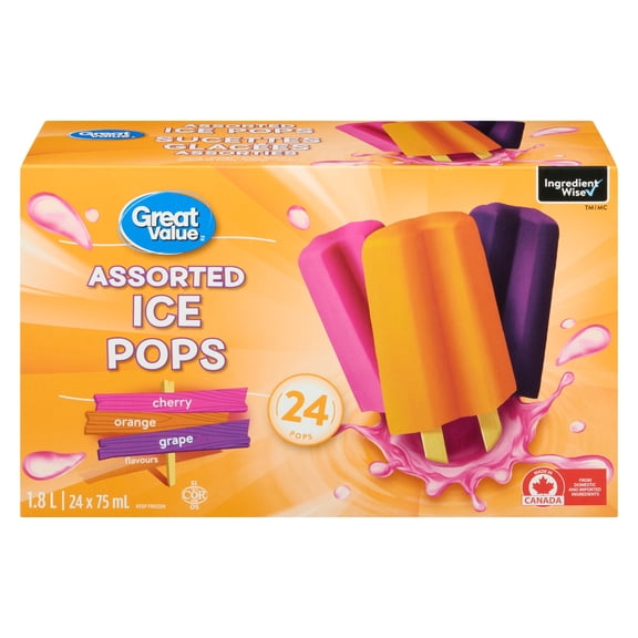 Great Value Assorted Ice Pops Packaged in a Box, 24 x 75 mL (1.8L)