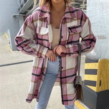 Black Friday TIMIFIS Womens Fall Fashion Women's Casual Lapel Button Down Long Plaid Shirt Coat Tartan Shacket Jacket Flannel Shirts For Women