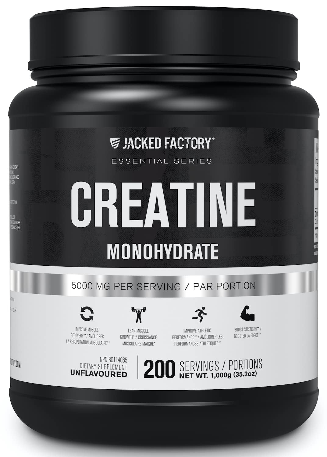 Jacked Factory Creatine Monohydrate Powder 1000g - Canadian-Owned Informed Choice Certified Supplement for Increased Muscle Mass*, Improved Strength, Power, & Performance** - 200 Servings, Unflavored