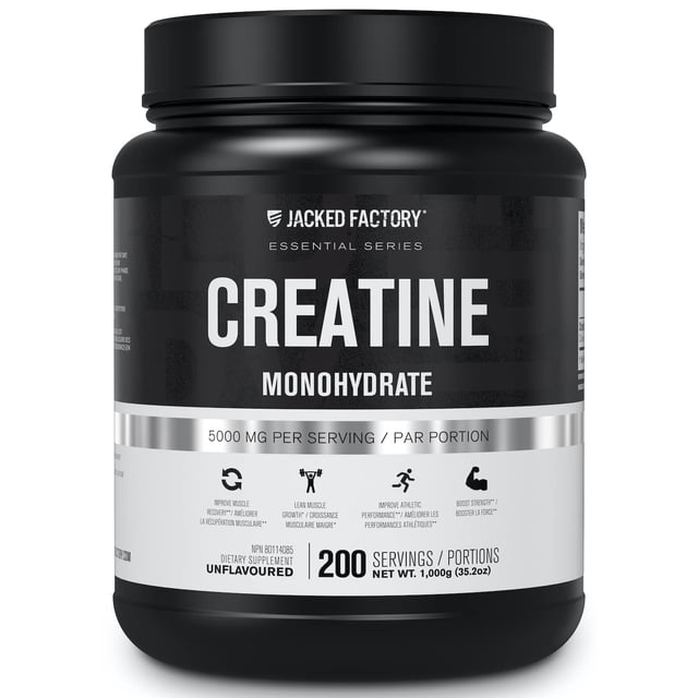Jacked Factory Creatine Monohydrate Powder 1000g - Canadian-Owned Informed Choice Certified Supplement for Increased Muscle Mass*, Improved Strength, Power, & Performance** - 200 Servings, Unflavored
