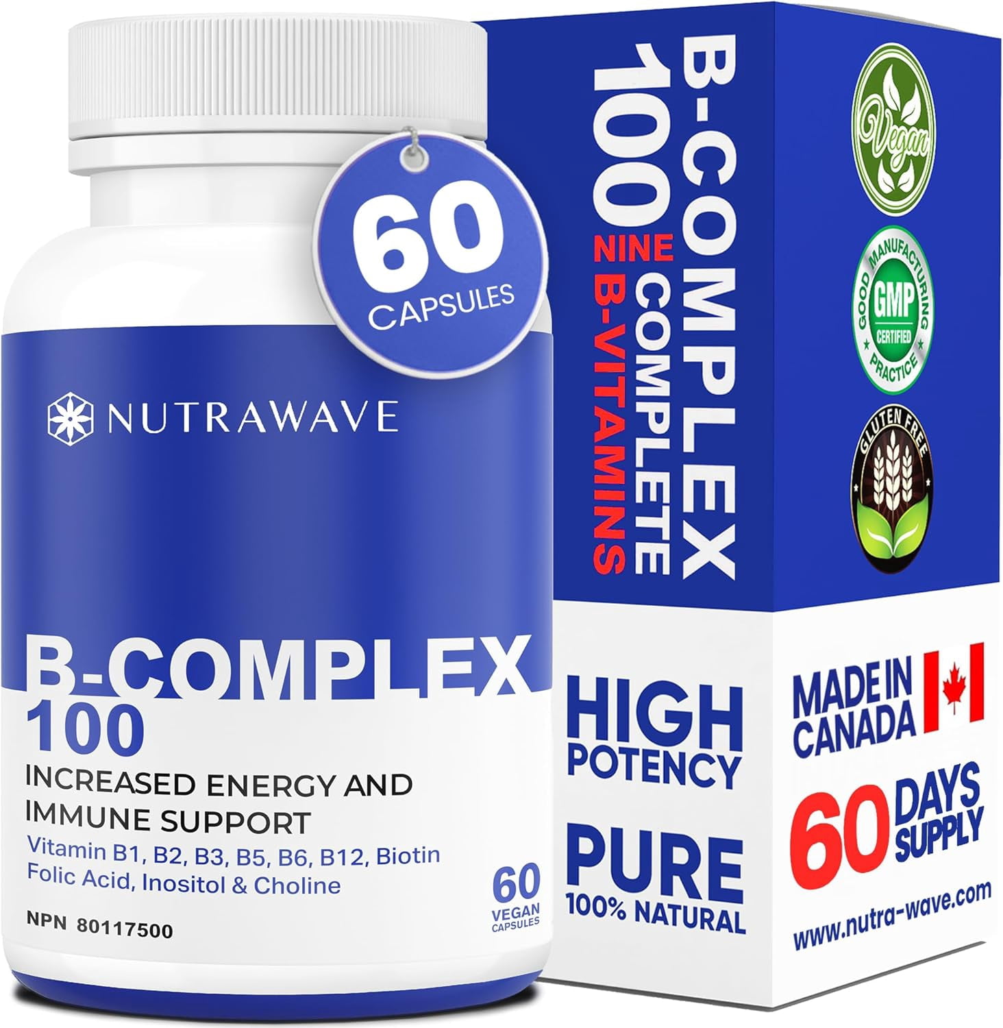 Nutrawave B-Complex 100 High Potency – Energy & Metabolism Support, Full B1–B12 + Biotin & Folate, 60 Vegan Capsules, Non-GMO, Gluten-Free, Made in Canada