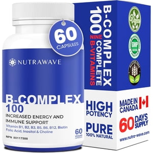 Nutrawave B-Complex 100 Haute puissance – Énergie & Soutien au métabolisme, B1–B12 complet + Biotine & Folate, 60 Capsules de végétaliens, sans OGM, sans gluten, fabriquées au Canada