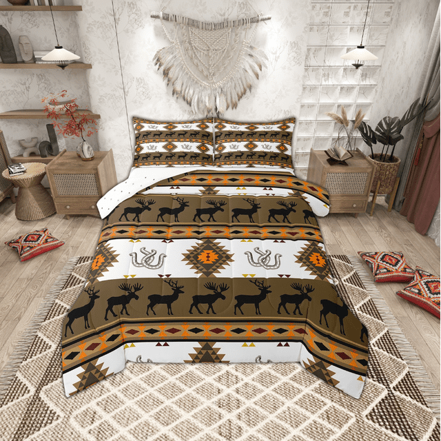 Erosebridal Brown Boho Aztec Bedding Sets with Comforter, Southwestern Tribal Exotic Style Duvet Insert, Rustic Moose Decor, Reversible 2pcs