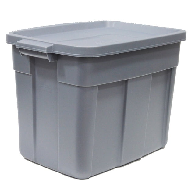 68 L (18 gal.) Fourre-Tout à Col Rugueux - Gris, un Contenant de Rangement en Plastique Gris durable avec Couvercle à Pression et Poignées Intégrées, Conçu pour Organiser et Protéger les Articles dans les garages Ou les Greniers, et Empilable Sans Fissures.