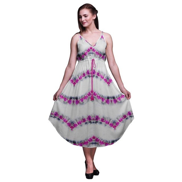 Bimba Robe Imprimée Florale Teinture sur Nœuds pour Femmes Bretelles Spaghetti Col en V Midi Tenue de Plage-TTTG