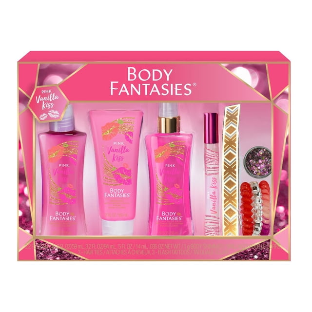 Body Fantasies Pink Vanilla Kiss Coffret Cadeau avec Brume Corporelle Parfumée 94 ml, lotion Hydratante 59 ml, Gel Douche 94 ml, EDT Parfumée 14 ml, plus Paillettes pour le Corps, Tatouages Éclatants et Élastiques à Cheveux dans un Emballage Rose et or, Convient pour Offrir Ou pour les Soins Personnels.