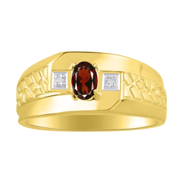 RYLOS Men's Rings 14K Yellow Gold Classic Nugget 6X4MM Oval Gemstone & Diamond Ring Garnet January Birthstone Rings Size 13