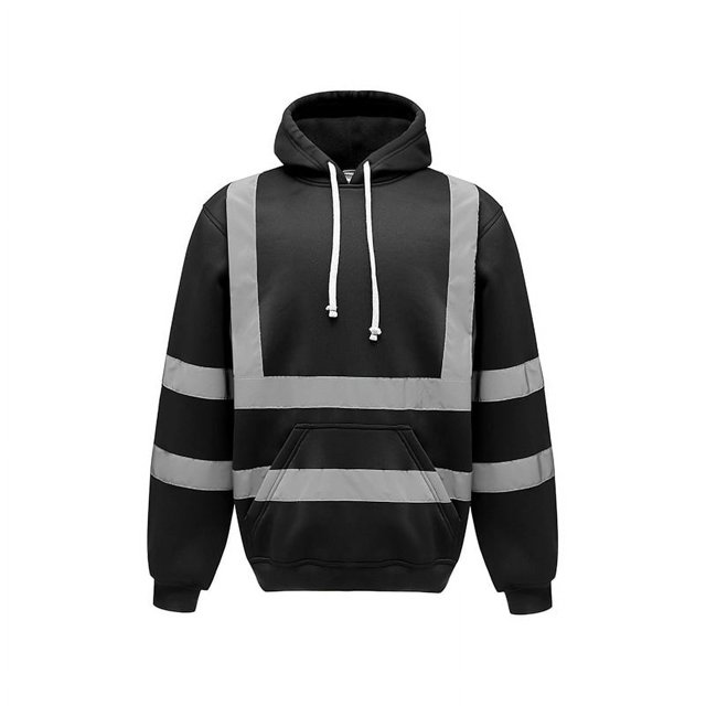 Men's Solid Color Reflective Hooded Sweatshirt Long Sleeve Sweater Top Loose Road Work High Visibility Pullover (Black,M)
