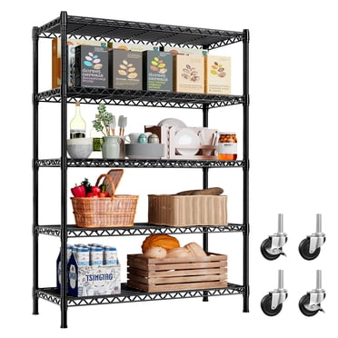 Exenoray 5-Tier Heavy Duty Rolling Storage Shelving Unit, Metal Wire Shelf Rack with Wheels, 35" W x 15.2" D x 73" H, Adjustable Garage & Kitchen Storage, Black