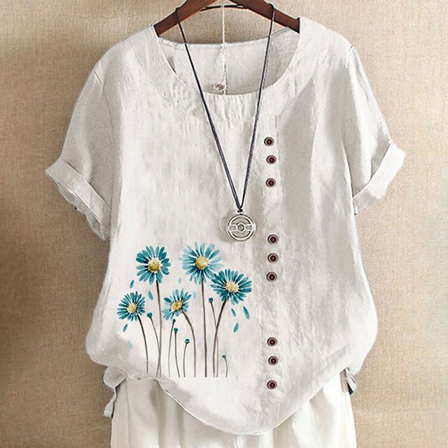 TopLLC Chemises Mexicaines pour Femmes Hauts Brodés Traditionnels Tunique Décontractée à Fleurs pour Femmes Col Rond Manches Courtes Chemises en Lin