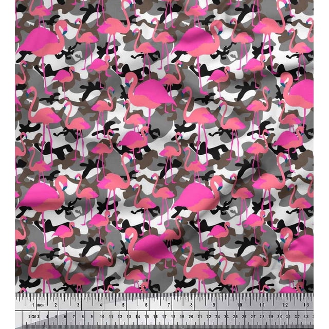 Soimoi polyester Crepe Fabric Camouflage Texture & Flamingo Bird Printed Fabric 1 Yard 42 Inch Wide