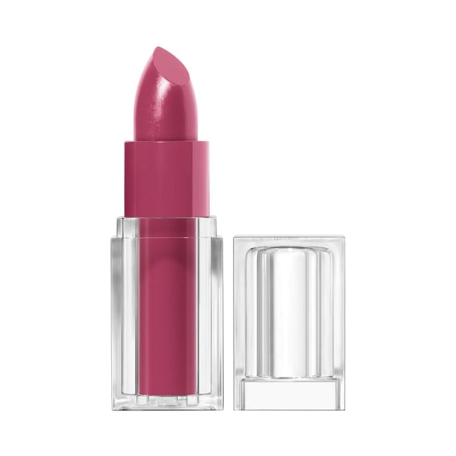 Clean Lip Color satin finish lipstick in vibrant pink shade with 24-hour wear, presented in a clear rectangular tube with matching cap, infused with 3% squalane, avocado, and aloe for moisture-rich, non-drying, carmine-free lip coverage.