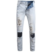 EGNMCR Jeans for Men, Men's Elastic Waist Loose Fit Denim Pants, Mens Pull On Jeans Men's High-end Stretch Nostalgic Big Hole Slim Beggar Jeans Men Pants