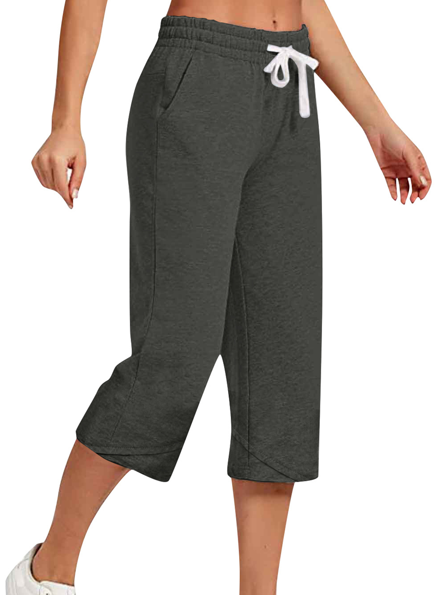 Innerwin Capris Solid Color Women Capri Pants Holiday Straight Leg Loose Fit Trousers Dark Gray L