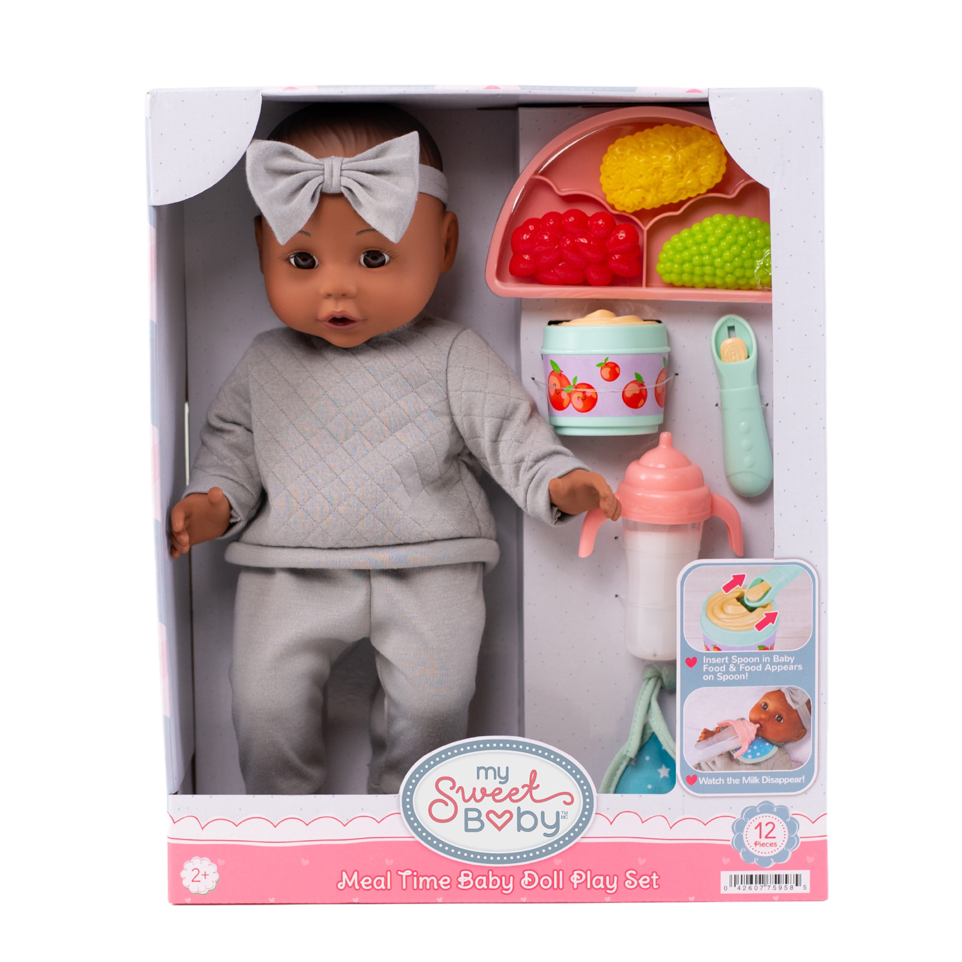 My Sweet Baby – Ensemble Repas avec Poupée Bébé 14 pouces, Tenue Grise, 12 Pièces
