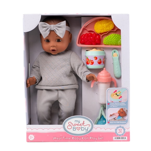 My Sweet Baby Meal Time Baby Doll Play Set, Grey Outfit, 14-inch Doll, 12 Pieces Included