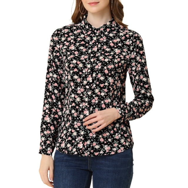 INSPIRE CHIC Chemise Boutonnée pour Femme à Petites Fleurs à Manches Longues Col en Pointe Haut de Bureau S Noir-Rose Floral