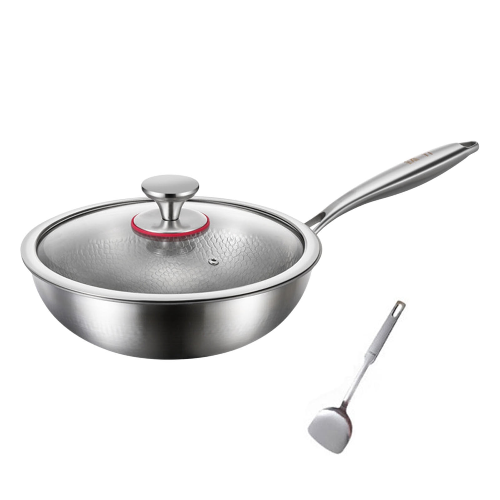 YoGold Poêle en Titane Martelé Pro avec Couvercle et Spatule, Nouvelle Poêle en Titane Martelé Résistante aux Rayures Antiadhésive Chauffage Uniforme Compatible avec Toutes les Cuisinières C Couvercle