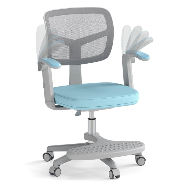 Costway Kids Desk Chair Children Study Chair with Adjustable Height, Armrest & Footrest Blue. This ergonomic swivel chair features adjustable height, armrests, and footrest, a breathable mesh backrest with Y-shaped lumbar support, and a padded removable cushion for comfort and hygiene. The stable 5-claw base with universal wheels ensures smooth mobility and safety, making it ideal for study or creative activities.