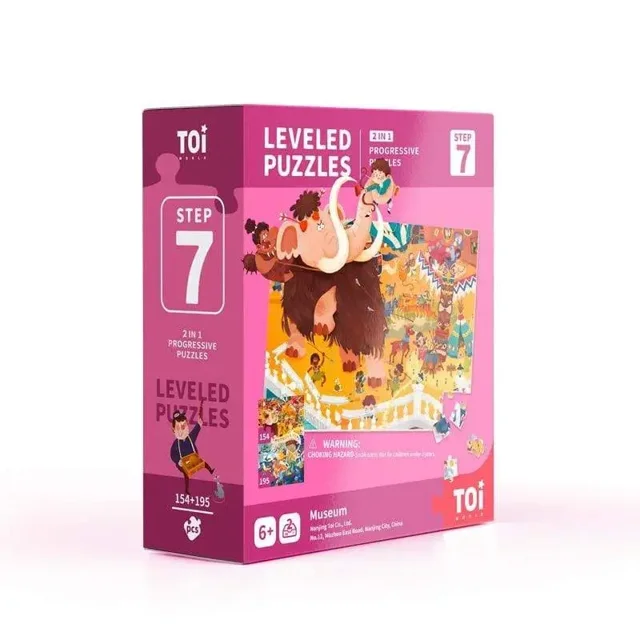 Levelled Puzzles 2 In 1 Jigsaw Puzzles (154+195PCS) by TOI, featuring two separately packed puzzles with 154 and 195 pieces each. The puzzles can be combined to form a larger 349-piece puzzle. Made with high-quality paper, vibrant multicolour designs, and includes a growth chart with reward stickers for kids aged 6 and up. Ideal as an educational toy and progressive puzzle for developing problem-solving skills. The packaging displays a colourful mammoth-themed illustration.