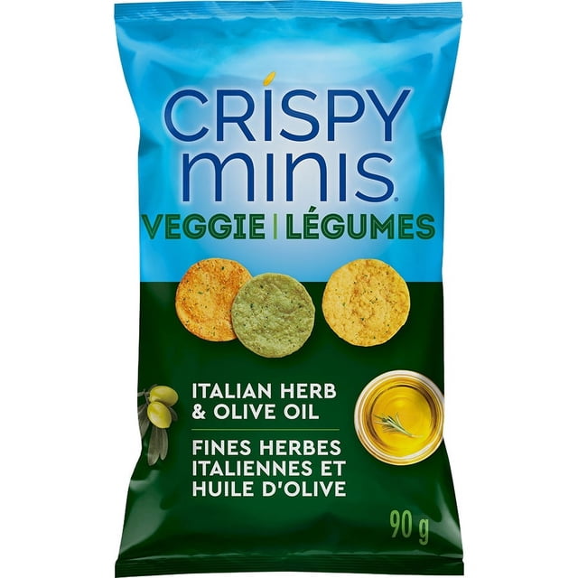 Quaker Crispy Minis Italian Herb & Olive Oil Multigrain Chips with Vegetables bag showing three round multigrain veggie chips in orange, green, and yellow tones, highlighting gluten-free, whole grain brown rice, and real vegetable ingredients in a 90 g package.