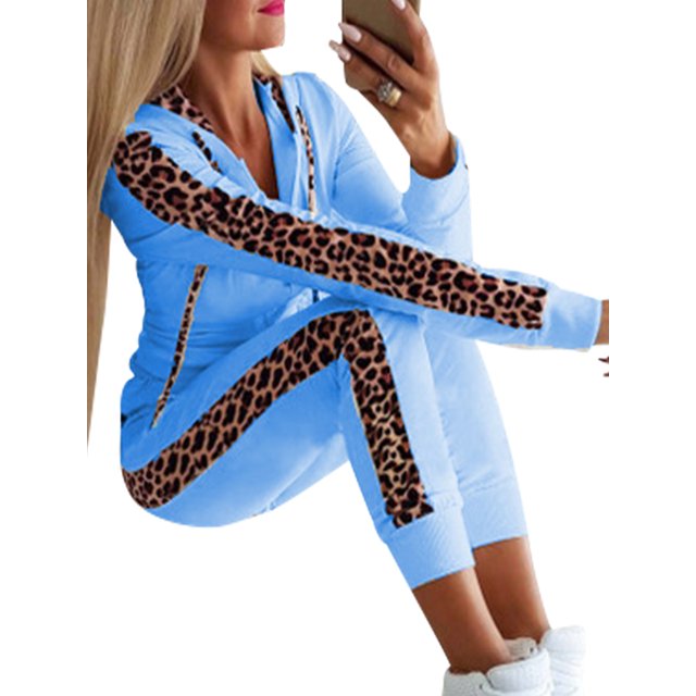 Innerwin Ensemble de Jogging Imprimé Léopard Survêtements pour Femmes Jogging Hoodies Confortable 2 Pcs Bleu S