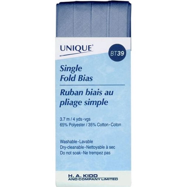 UNIQUE Single-Fold Bias Tape, 13 mm by 3.7 m, poly-cotton blend bias-cut tape in blue, pre-pressed for smooth binding of quilt edges, armholes, and hems, suitable for flexible, durable finishes on sewing projects.