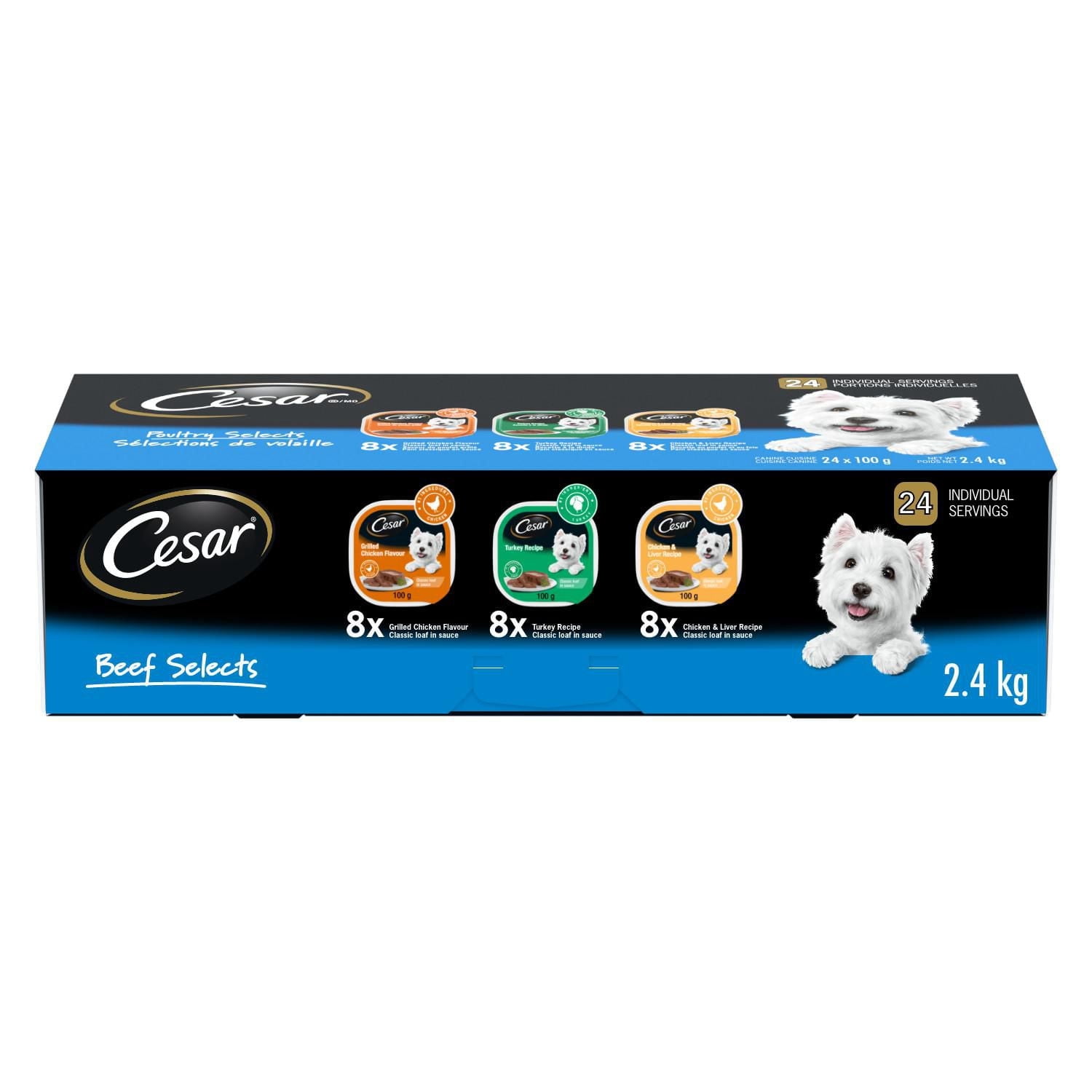 CESAR Classic Loaf in Sauce Wet Dog Food Poultry Selects Variety, 8 Grilled Chicken Flavour, 8 Turkey Recipe & 8 Chicken & Liver Recipe, 24 trays 100g