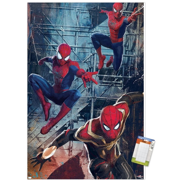 Marvel Spider-Man: No Way Home - Trio Wall Poster, 22.375" x 34", depicting three Spider-Man characters in action poses with detailed red and blue suits against an industrial scaffolding background, printed on glossy paper suitable for bedroom or office wall décor.