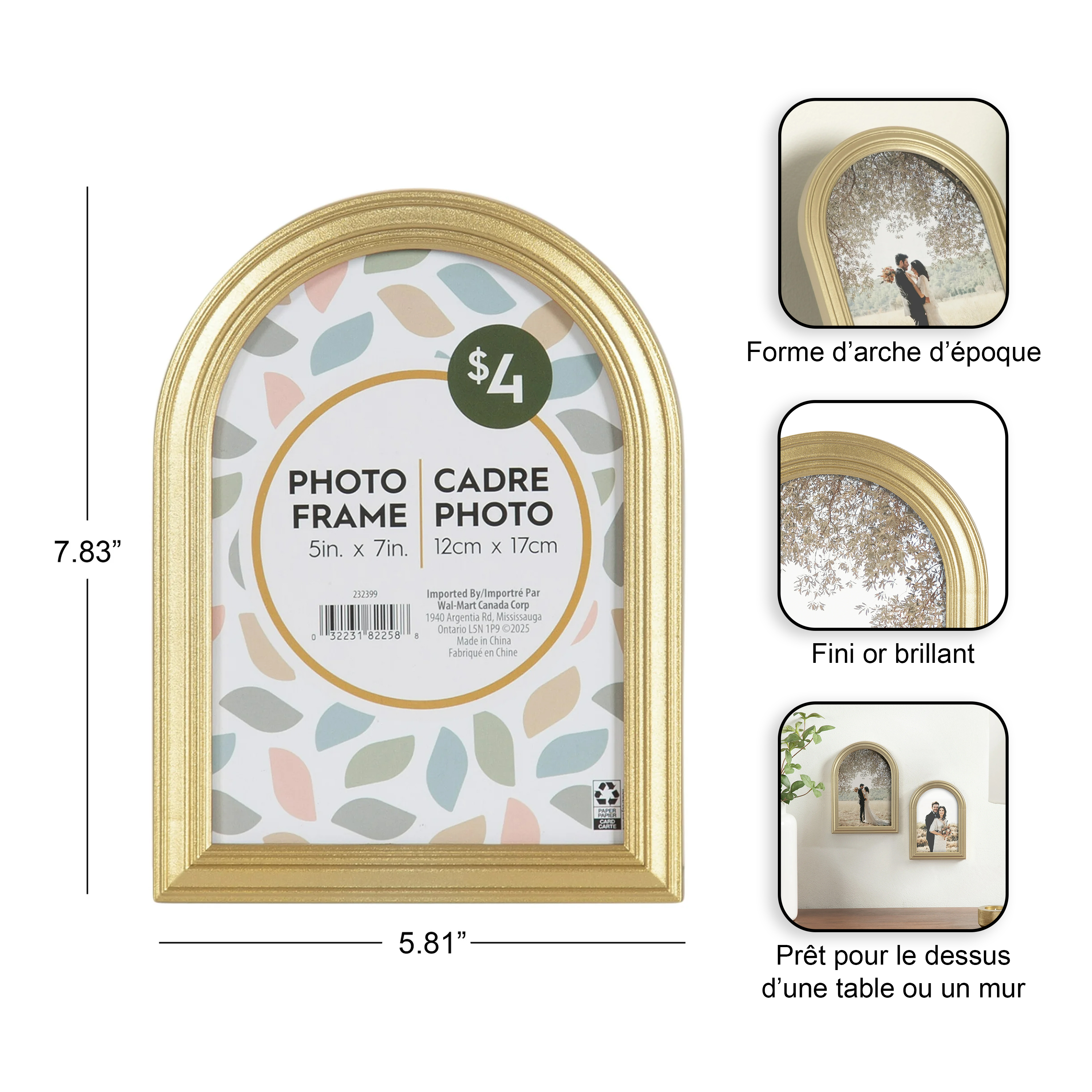 Cadre à photos décoratif doré avec une arche DesignOvation Maynor de 12,7 cm x 17,78 cm
