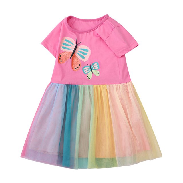 Qudderr Robe Princesse en Tulle Arc-en-Ciel pour Enfants 2-8 Ans Robe Imprimée pour Filles Robe d'Été en Maille pour Bébés Filles Jupe